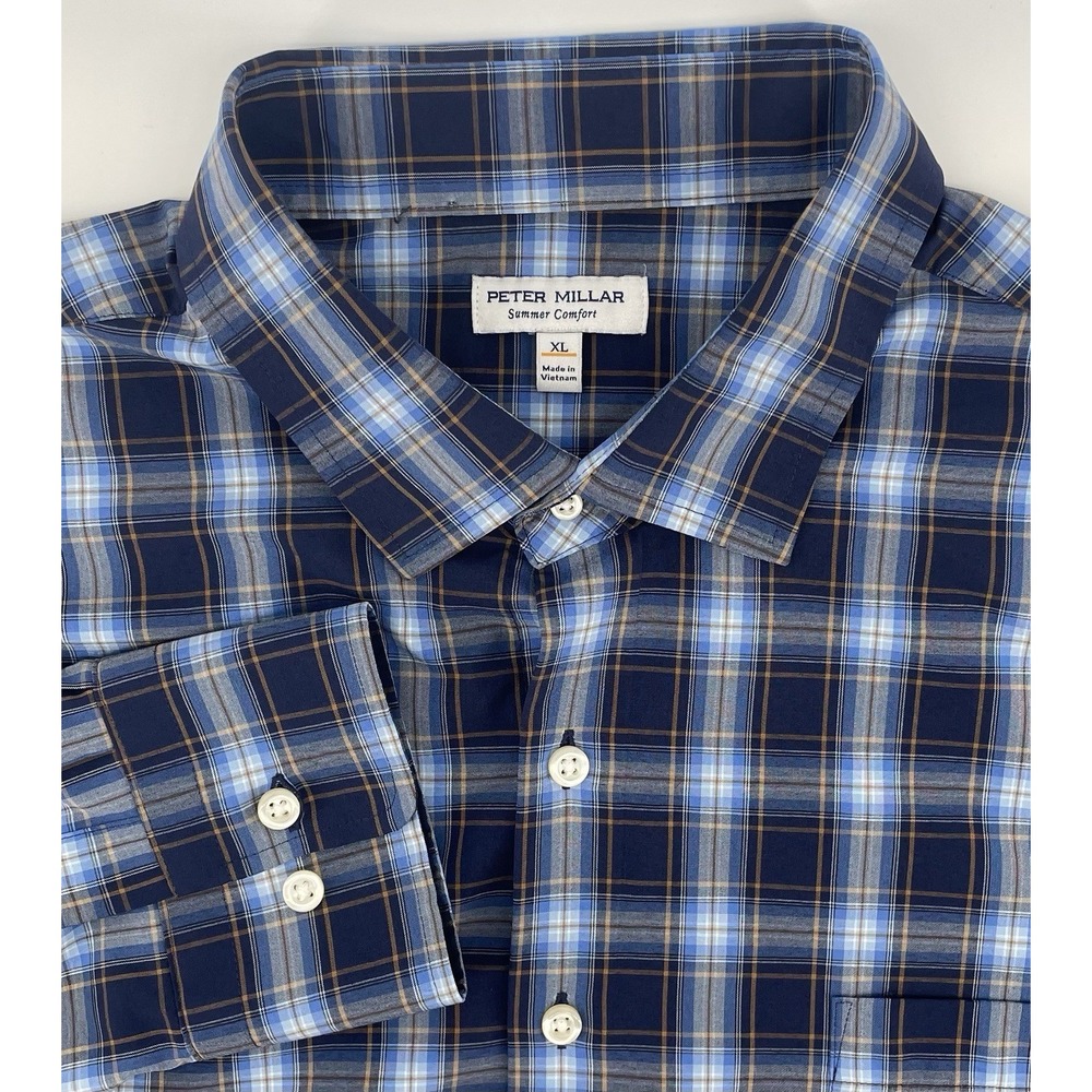 Peter Millar Summer Comfort Button Down XL Blue Plaid Long Slv Shirt Performance